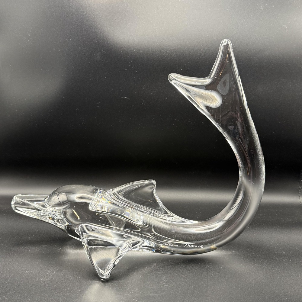Daum France Crystal Dolphin Sculpture Clear Art Glass Figurine Modern Decor